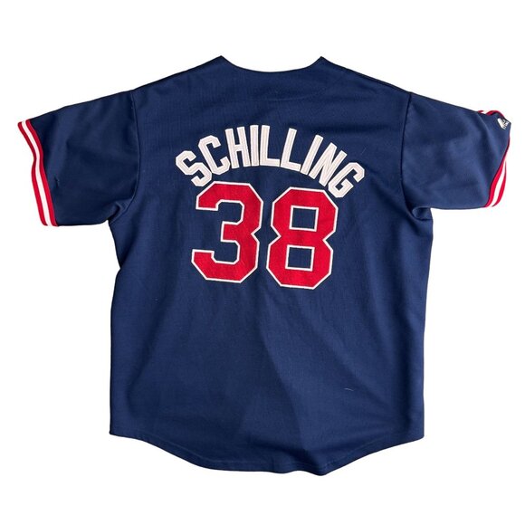 Majestic Other - Vtg Majestic Red Sox Schilling 38 Jersey Blue Button Up MLB Genuine Baseball